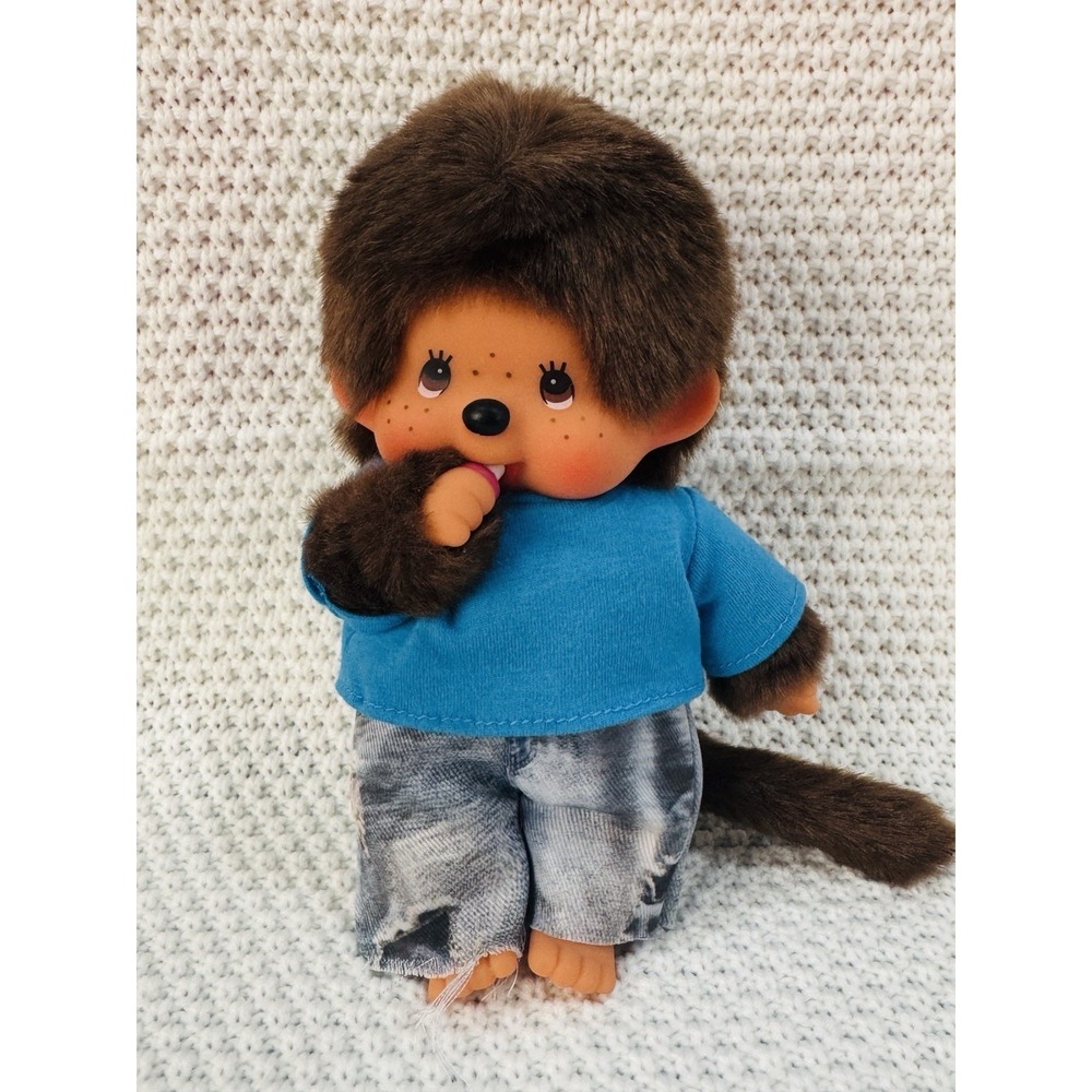 Monchhichi Boy Plush Doll Blue Shirt Denim Shorts Sekiguchi Stuffed Monkey Toy